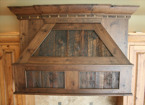 Walnut Cooktop Hood With Antique Barnwood Panels